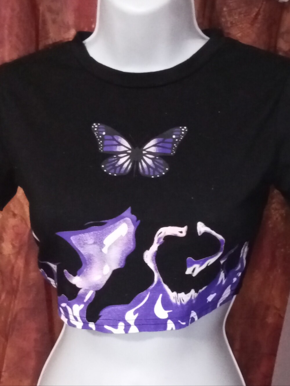 Black & Purple Butterfly & Fairy Flames Crop Top - Shein